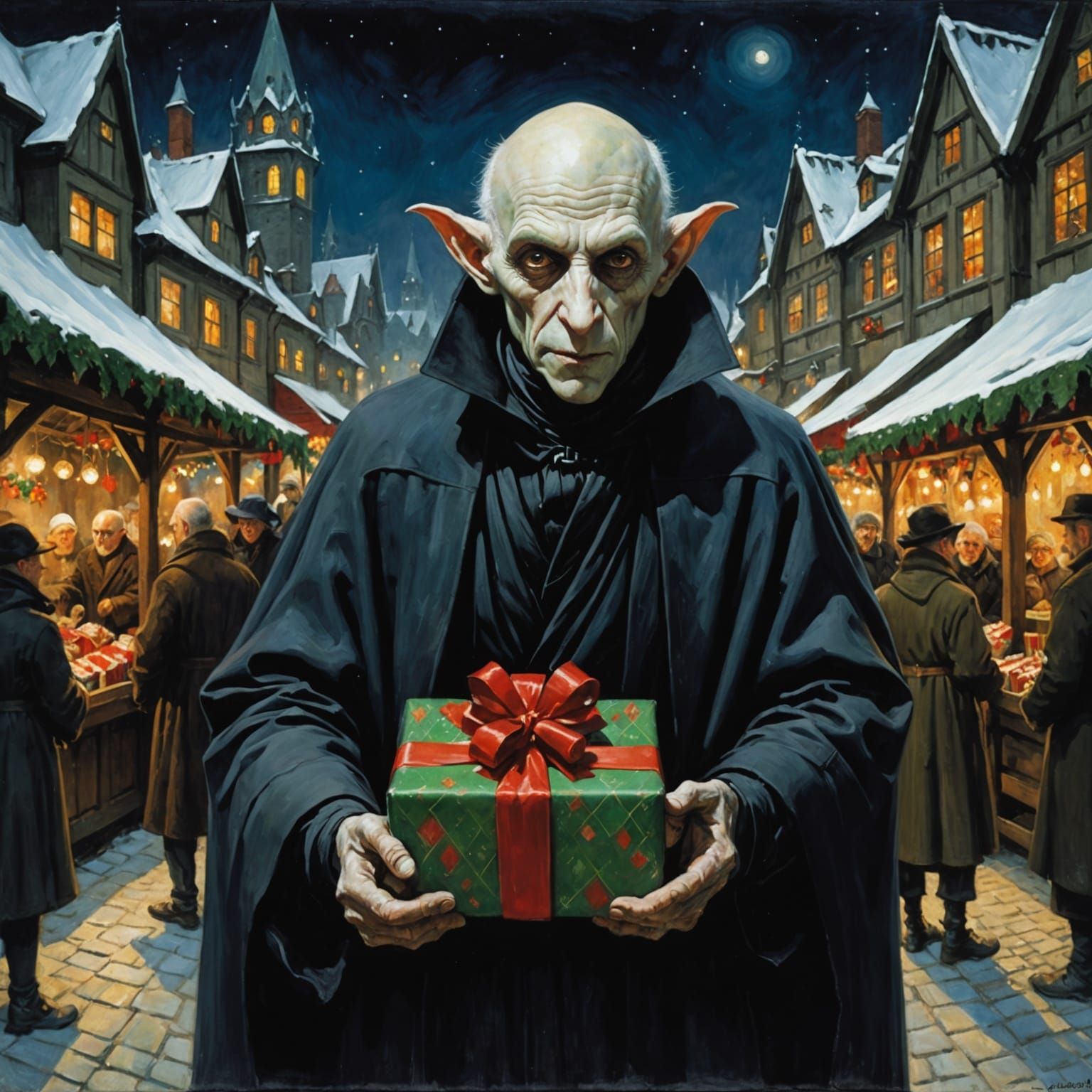 Nosferatu Carries Gifts at Night Christmas Market