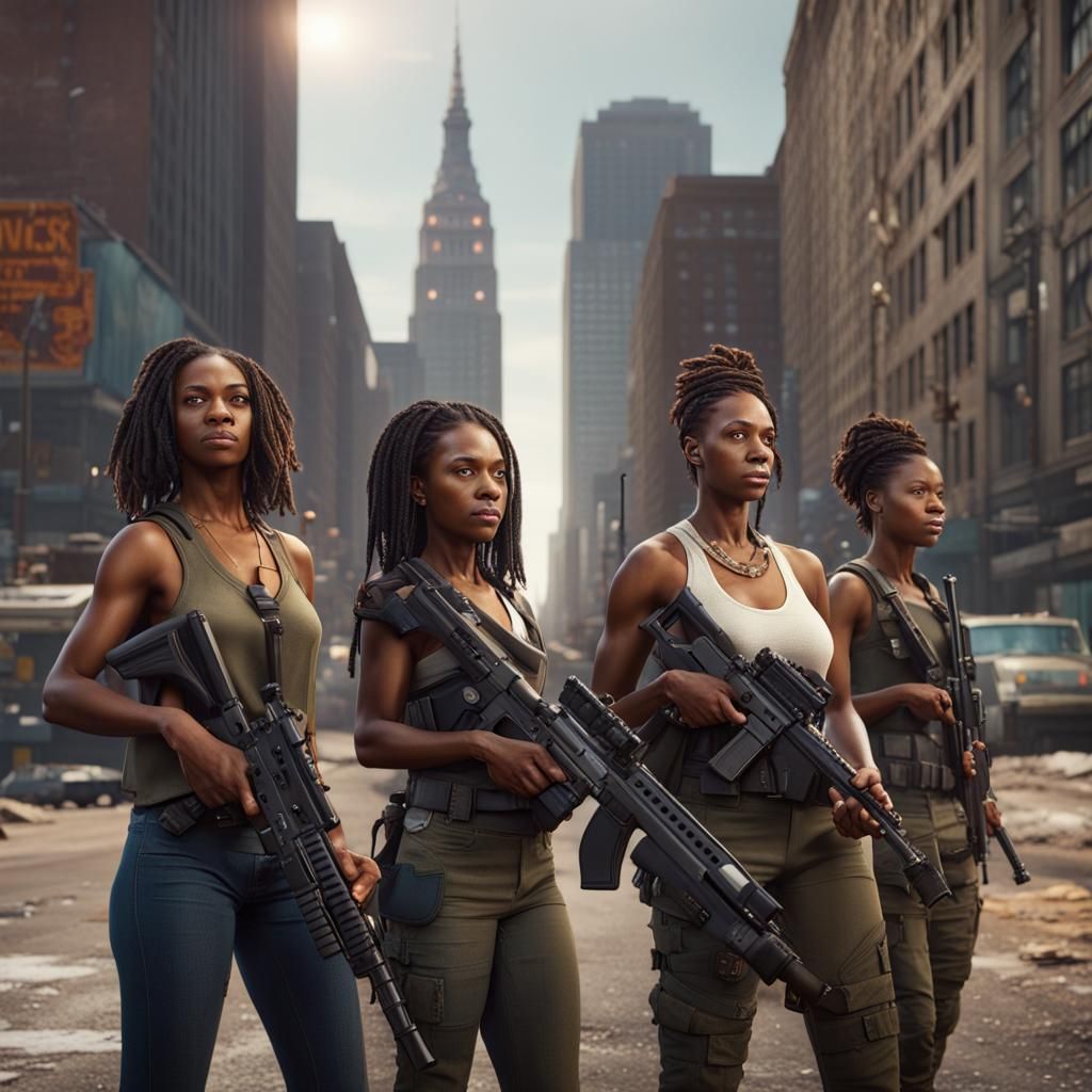 Armed Women in Cityscape: Detailed Matte Painting