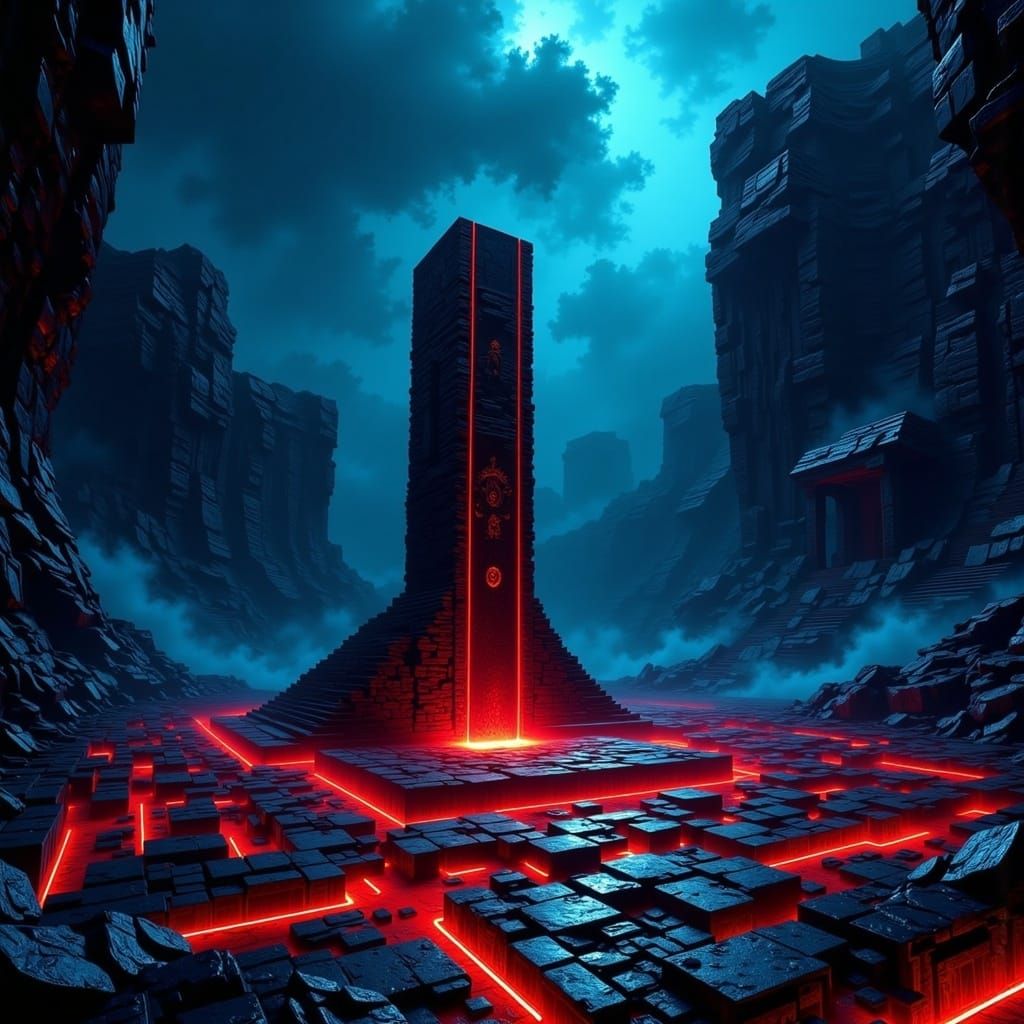 Cyberpunk Ziggurat Amidst a Neon Industrial Metropolis