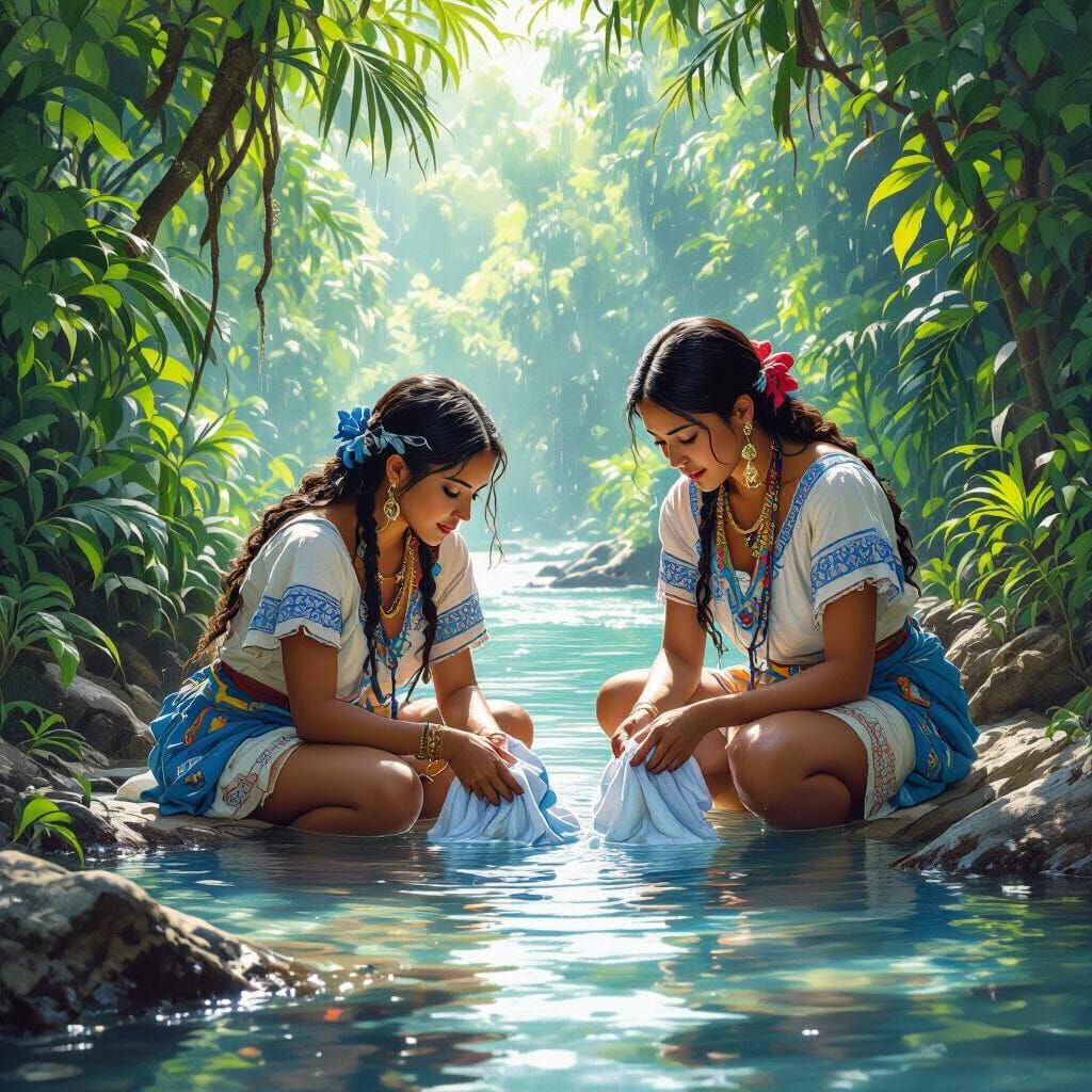Ancient Mayan Women Washing Clothes in River - Painterly Con...