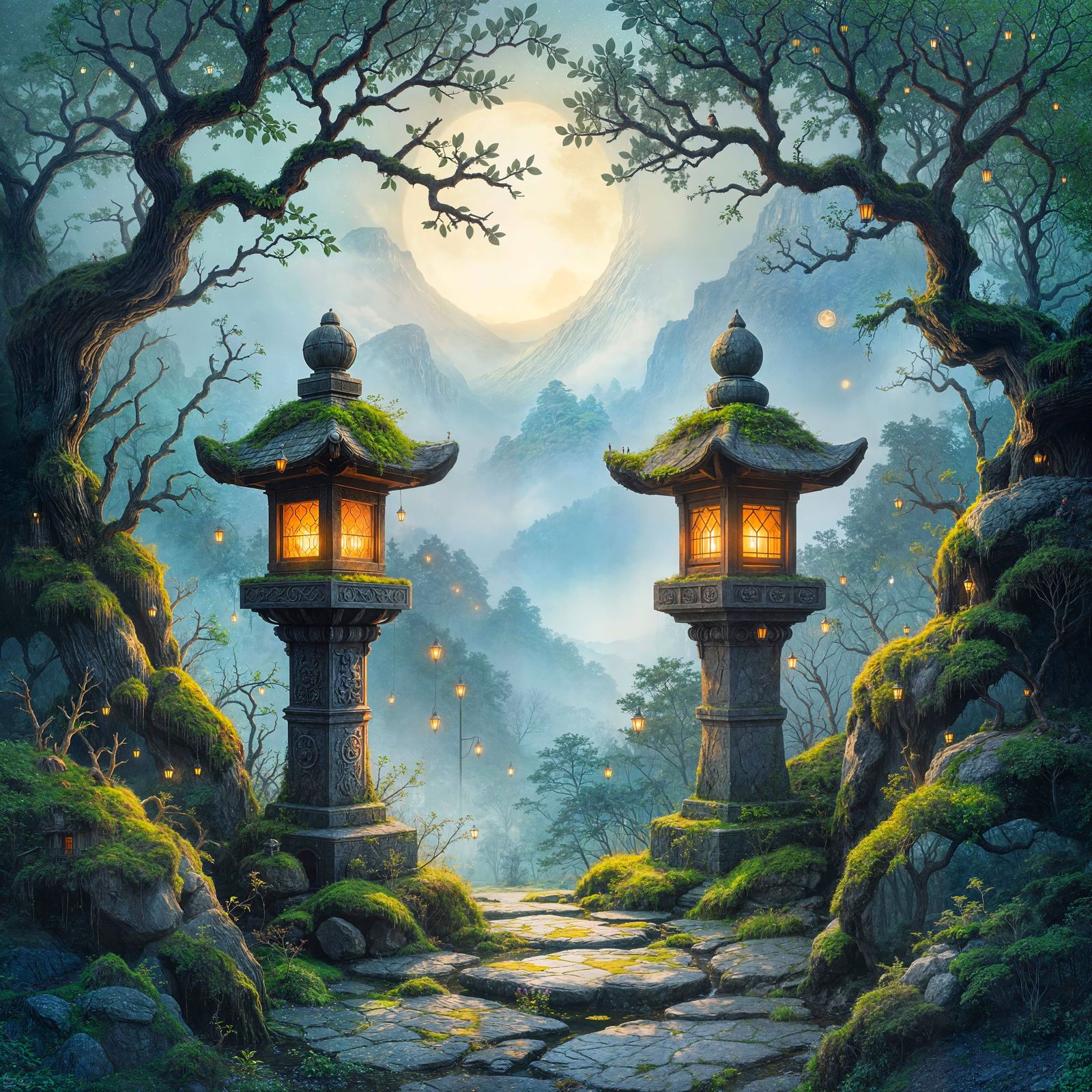 Enchanted Lanterns on Misty Mountain Path