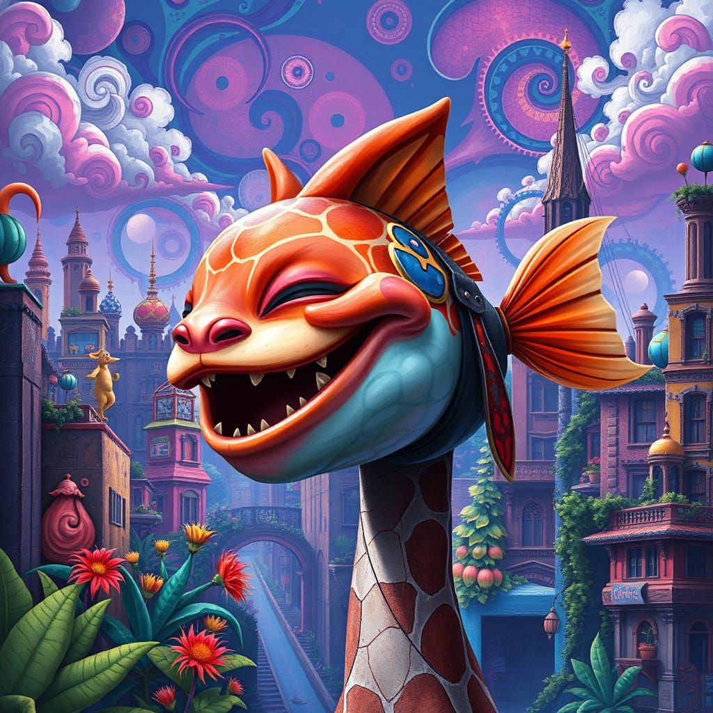Whimsical Cat-Fish-Giraffe Hybrid in Vibrant Cityscape