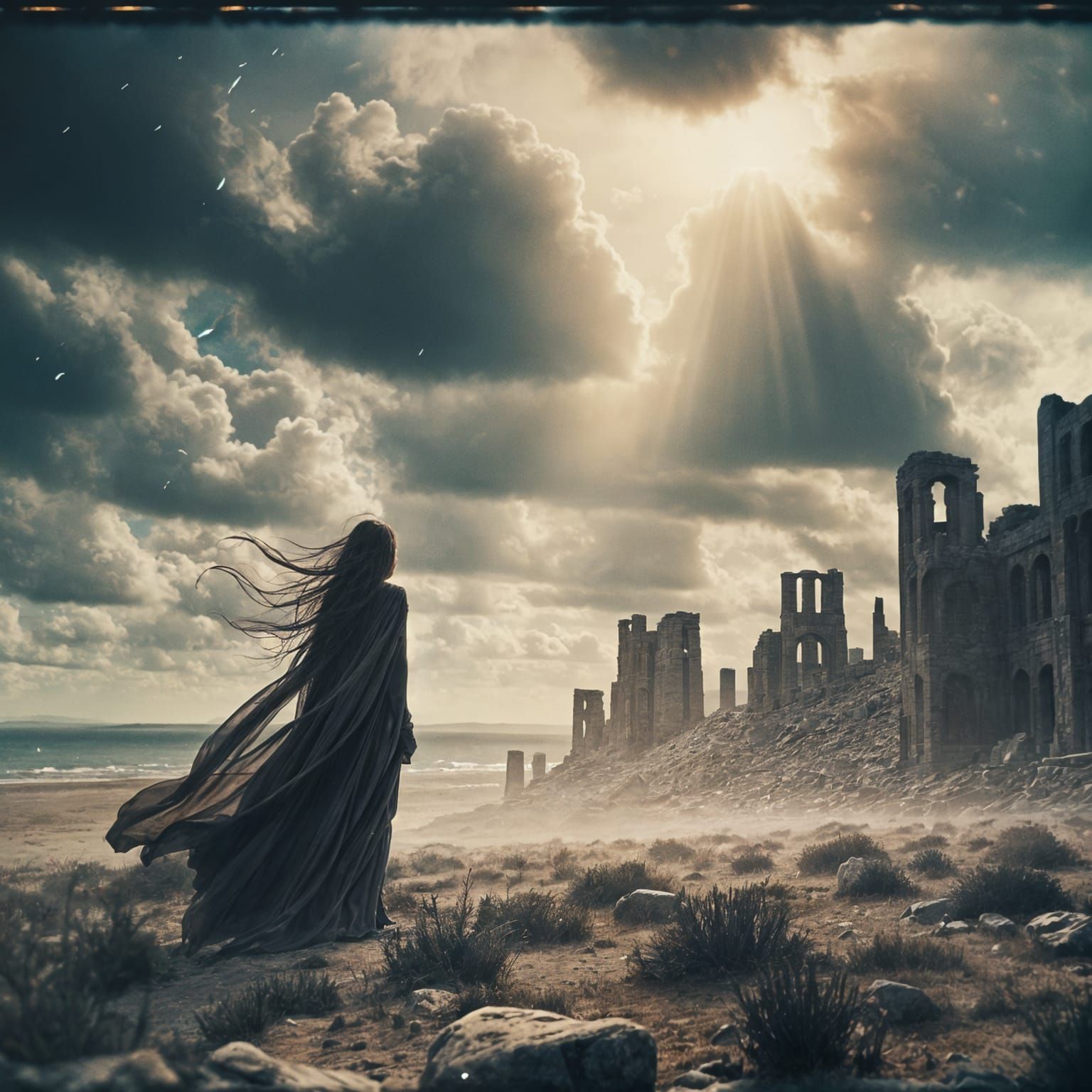 Enigmatic Sorceress in Windswept Ruins: Film Still
