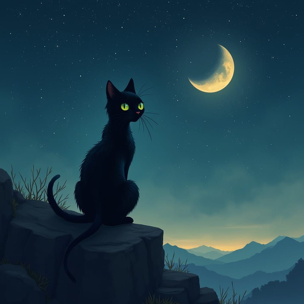 Sleek Black Cat in Dreamy Cosmic Landscape