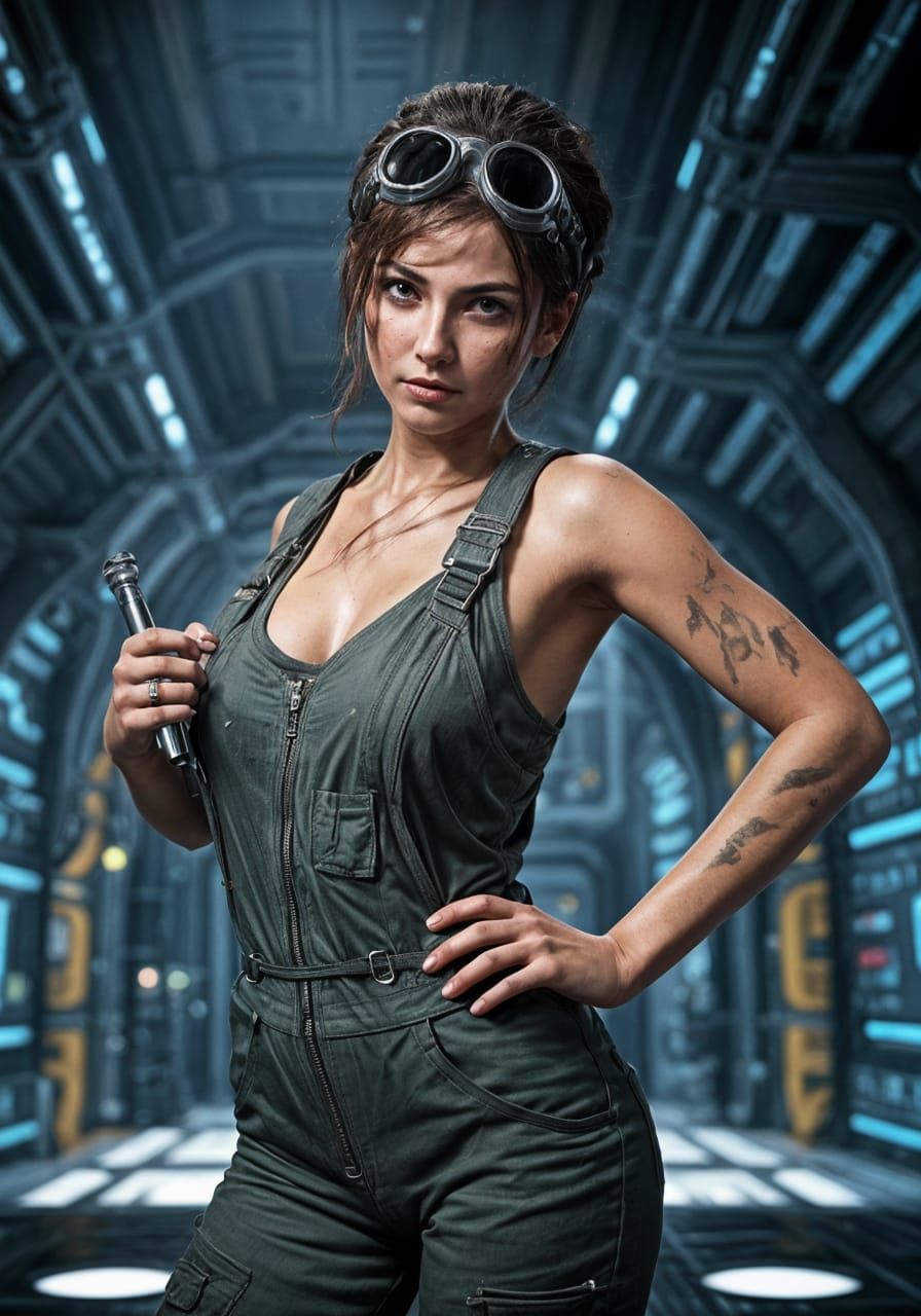 Gritty Sci-Fi Starship Mechanic in a Bustling Spaceport