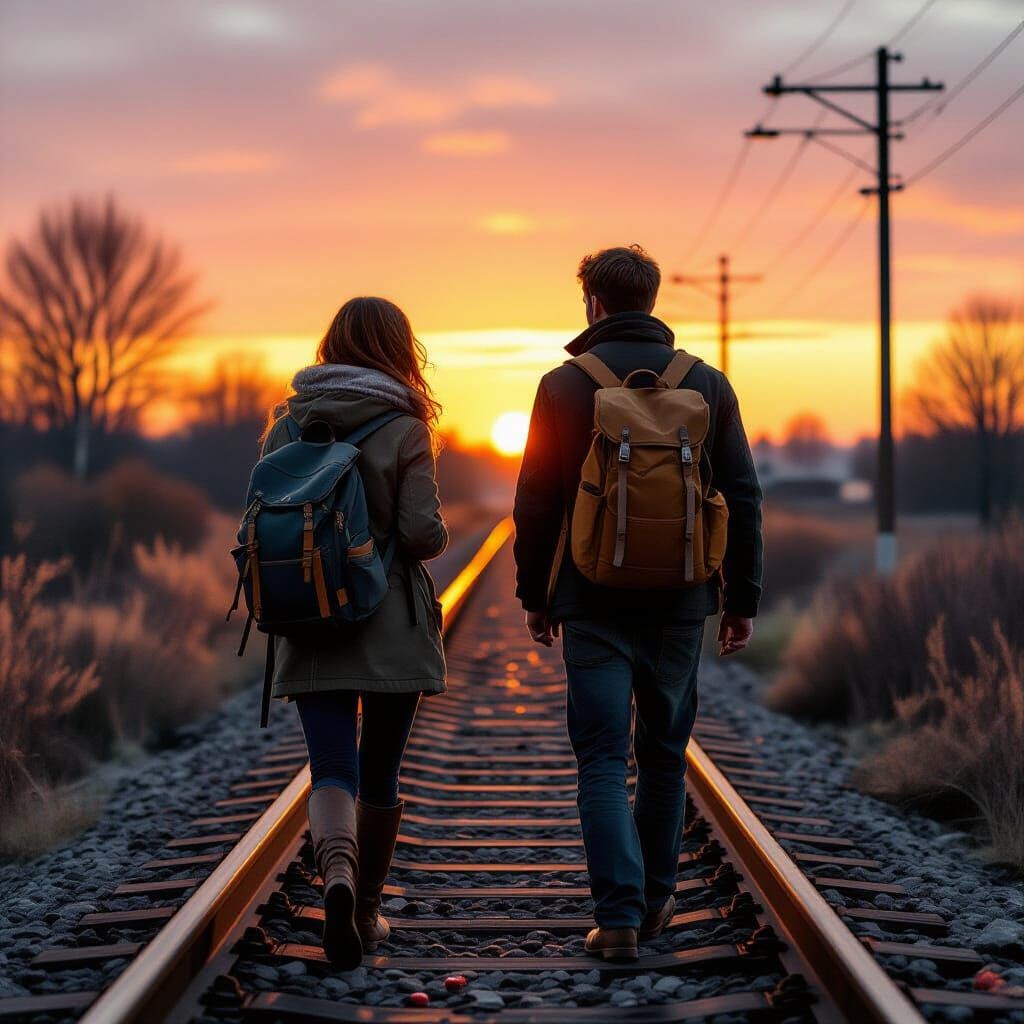 Couple Walks Railway in Fading Light, Painterly Style