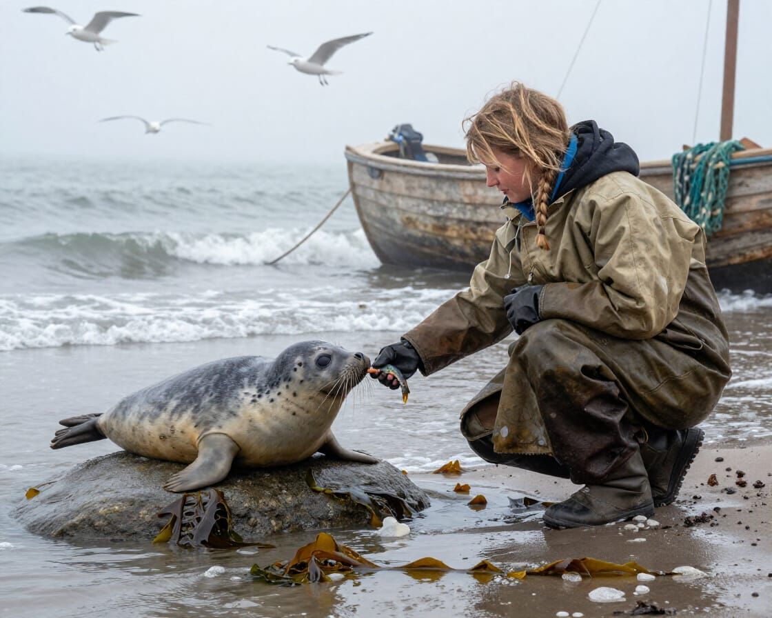 Fisherwoman Offers Fish to Seal Pup on Misty Shoreline