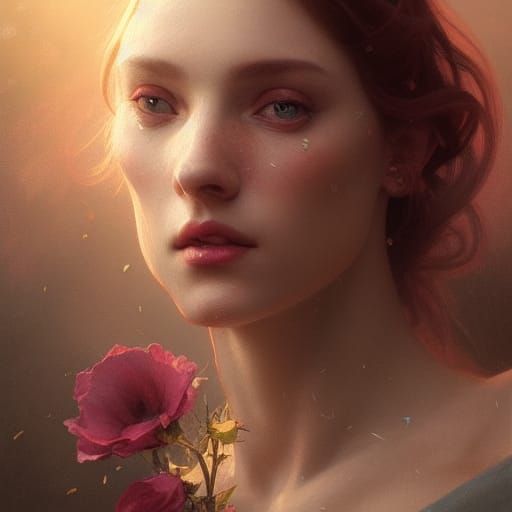Renaissance Portrait with Roses in Volumetric Lighting