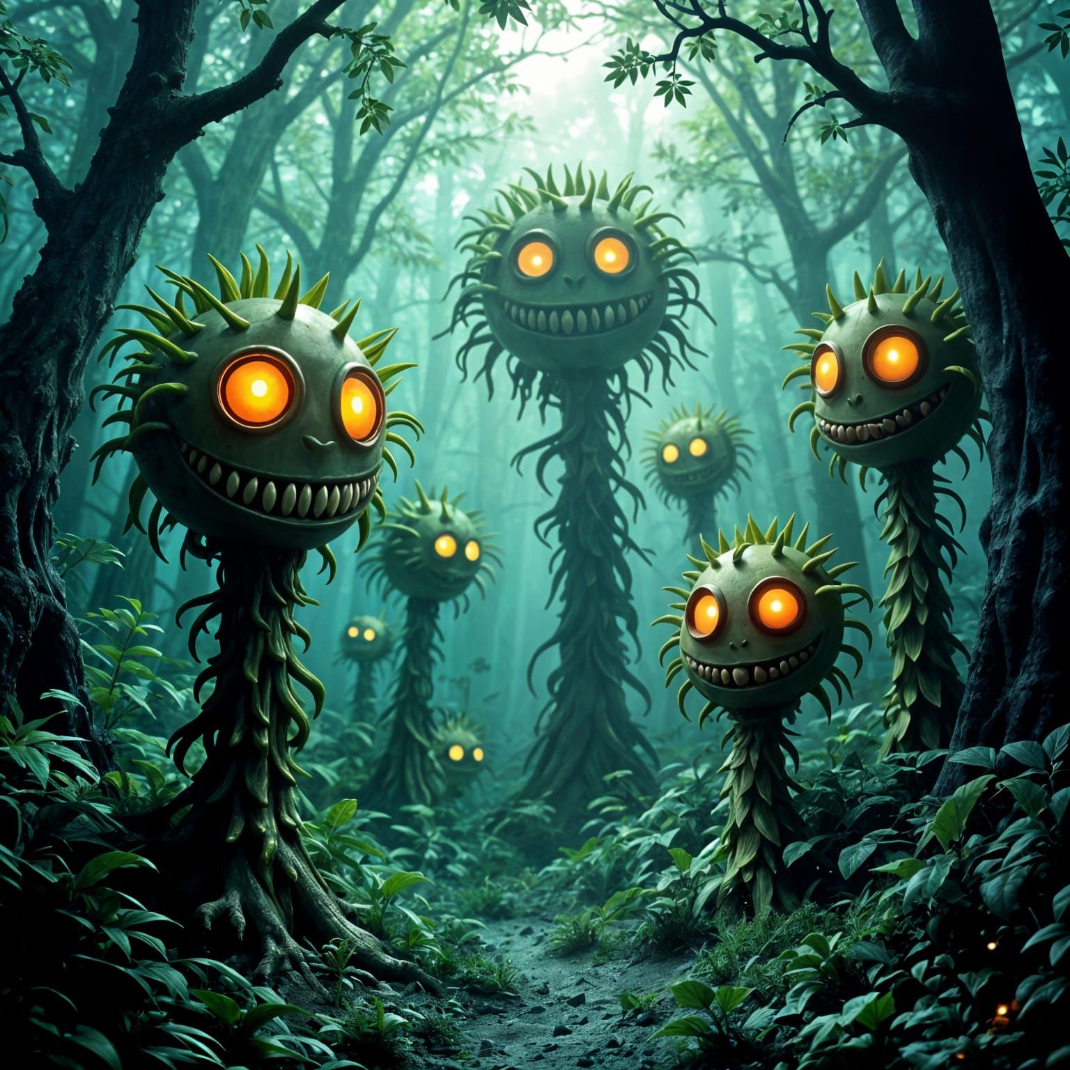 Eerie Houseplant Forest with Glowing Eyes