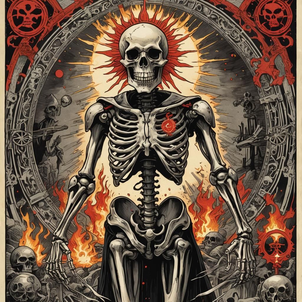 Sinister Sun Tarot Card with Skeleton and Fire