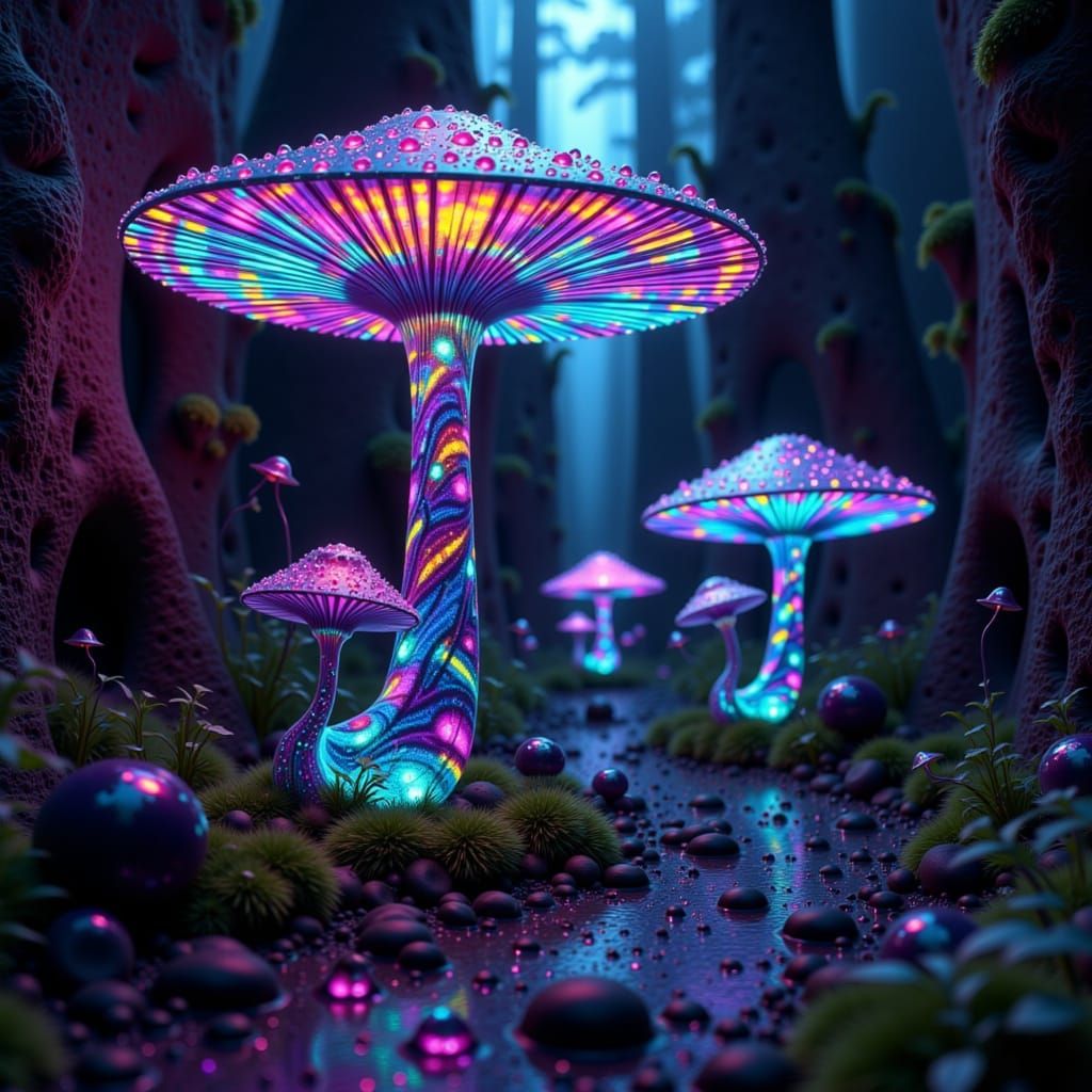 Bioluminescent Mushroom Graffiti Art in Psychedelic Style