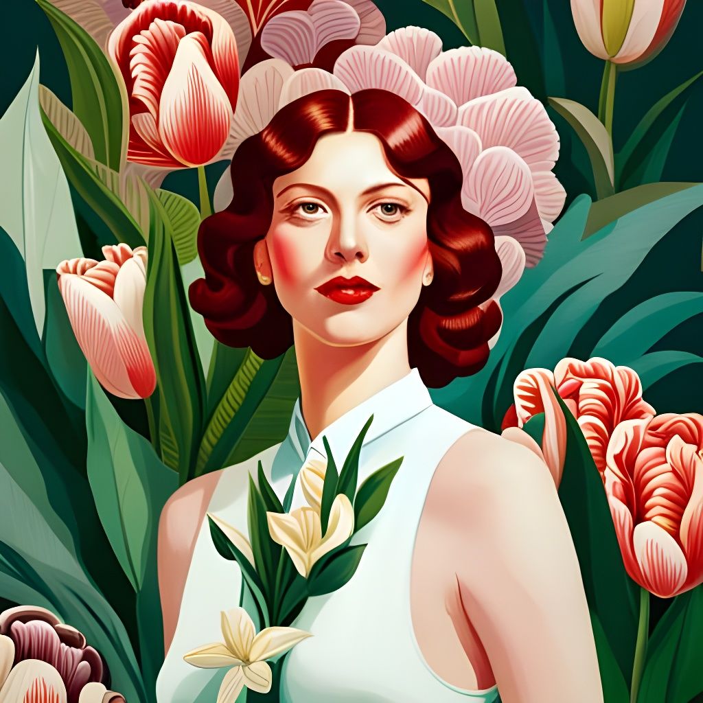Elegant Woman Portrait with Tulips, Detailed Digital Art