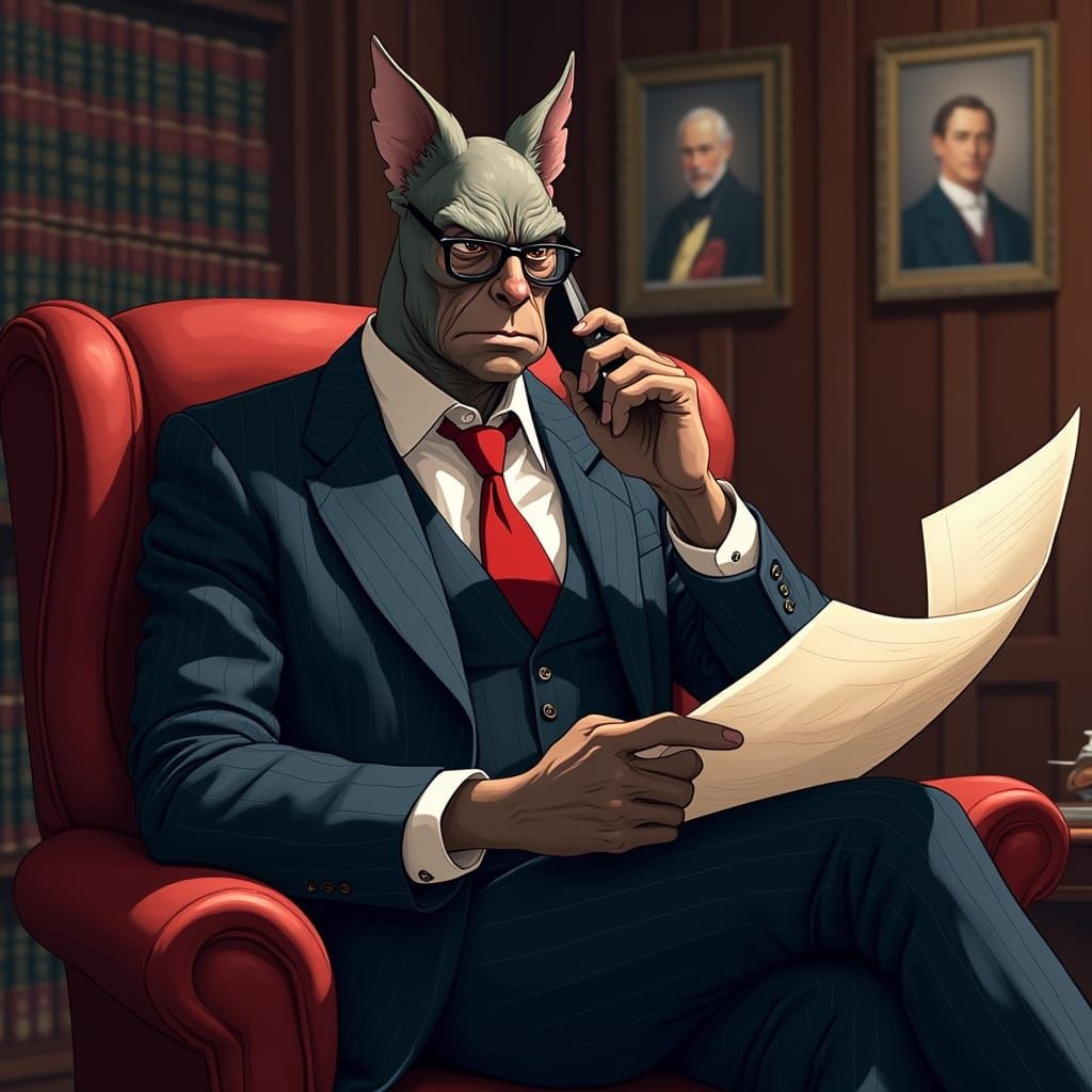 Anime-Style Regal Bat Lawyer in Wood-Panelled Study