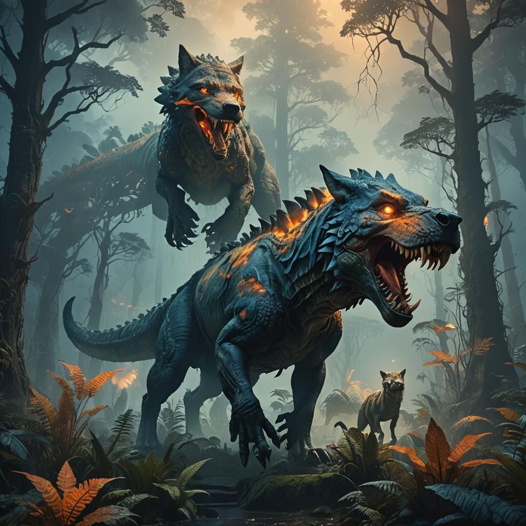 Wolf Riding Dinosaur in Prehistoric Forest