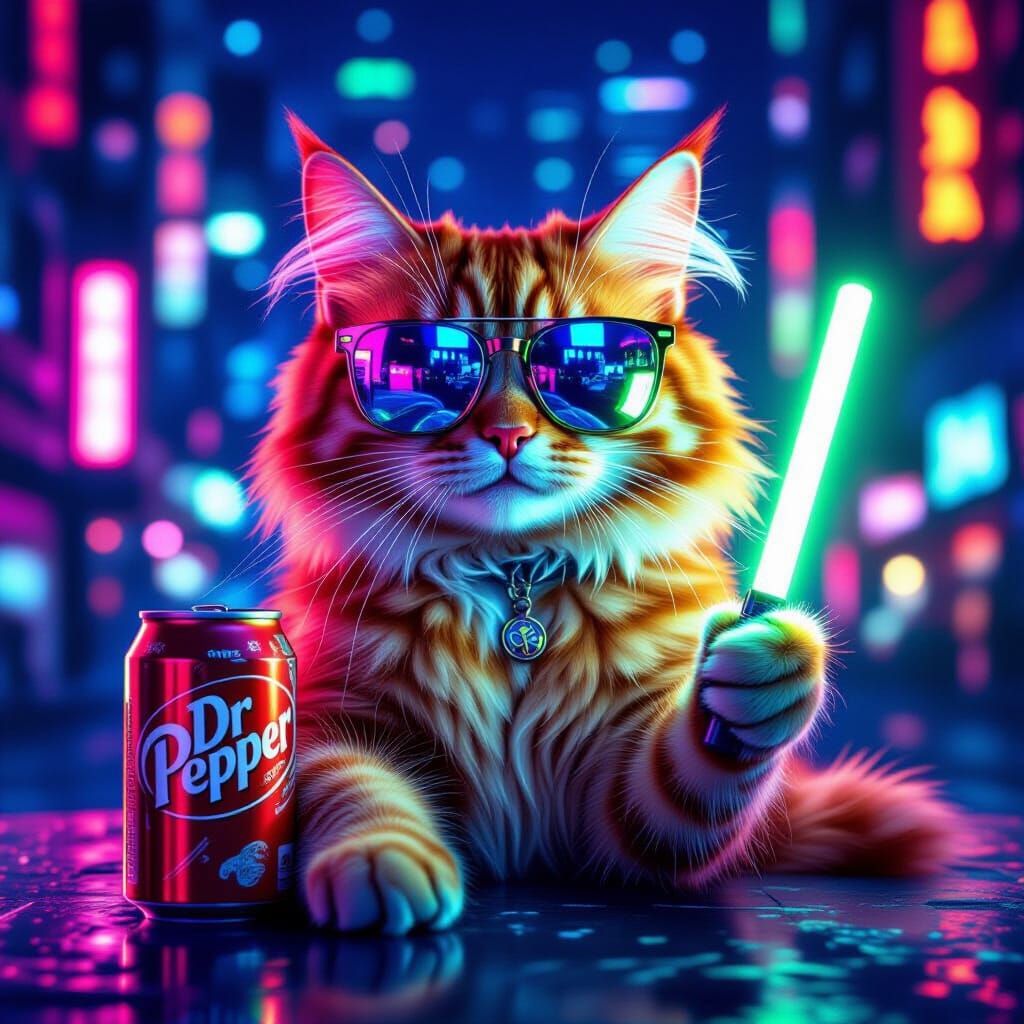 Ginger Cat with Glowsticks in Neon Cityscape