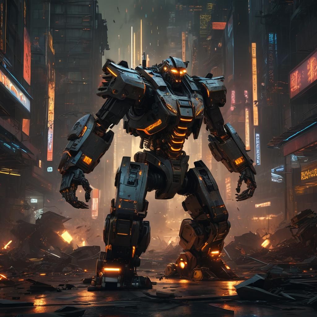 Exploding Robot in Cyberpunk City Square