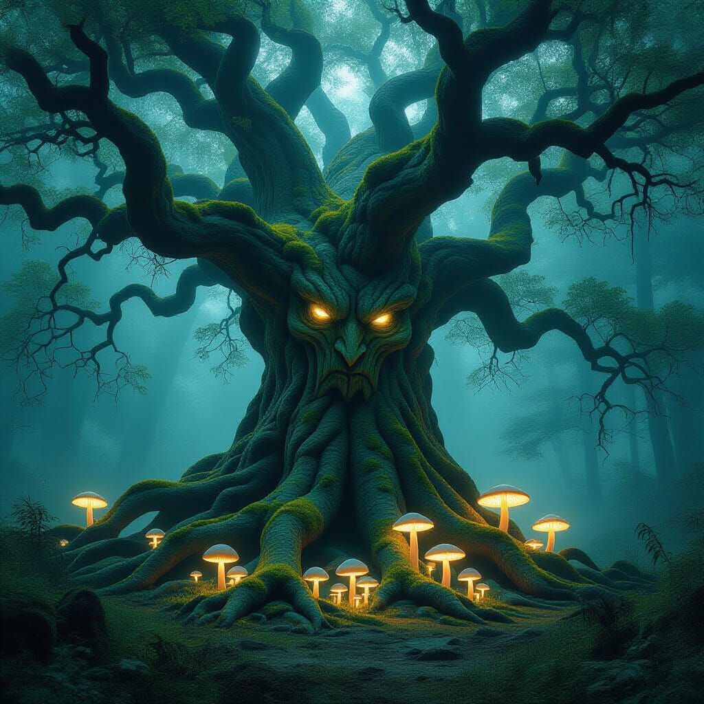 Ancient Tree Spirit Awakens in Mystical Forest Clearing