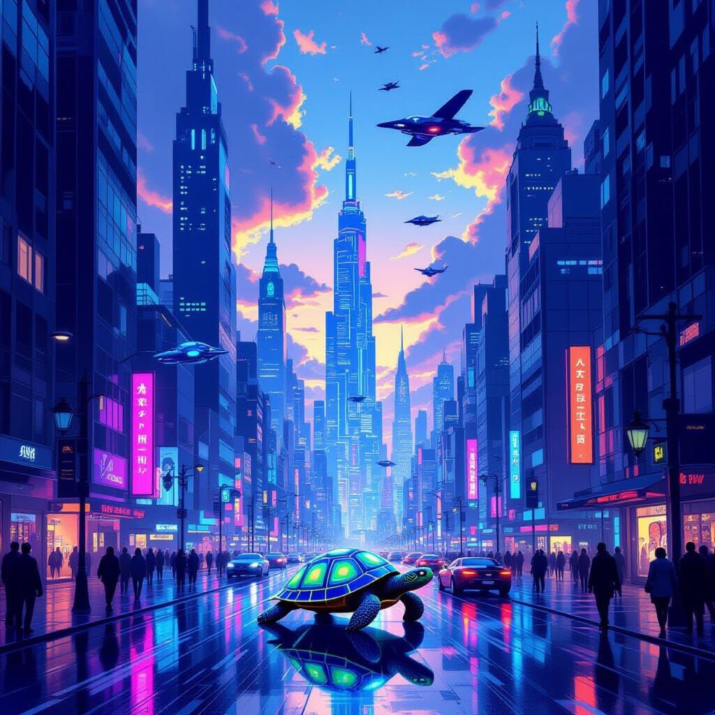 Futuristic Cityscape with Art Nouveau and Fauvist Influences