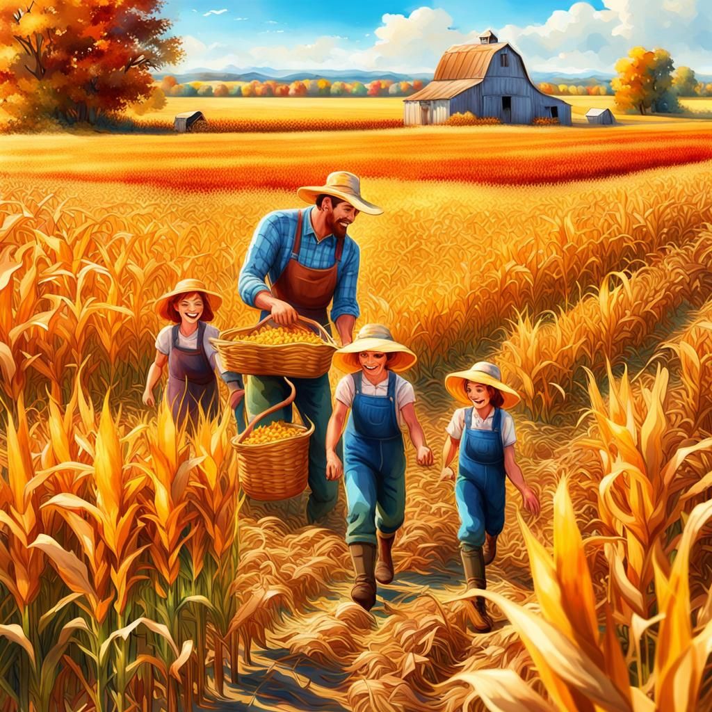 joyful farmer and his little daughters working together to h...
