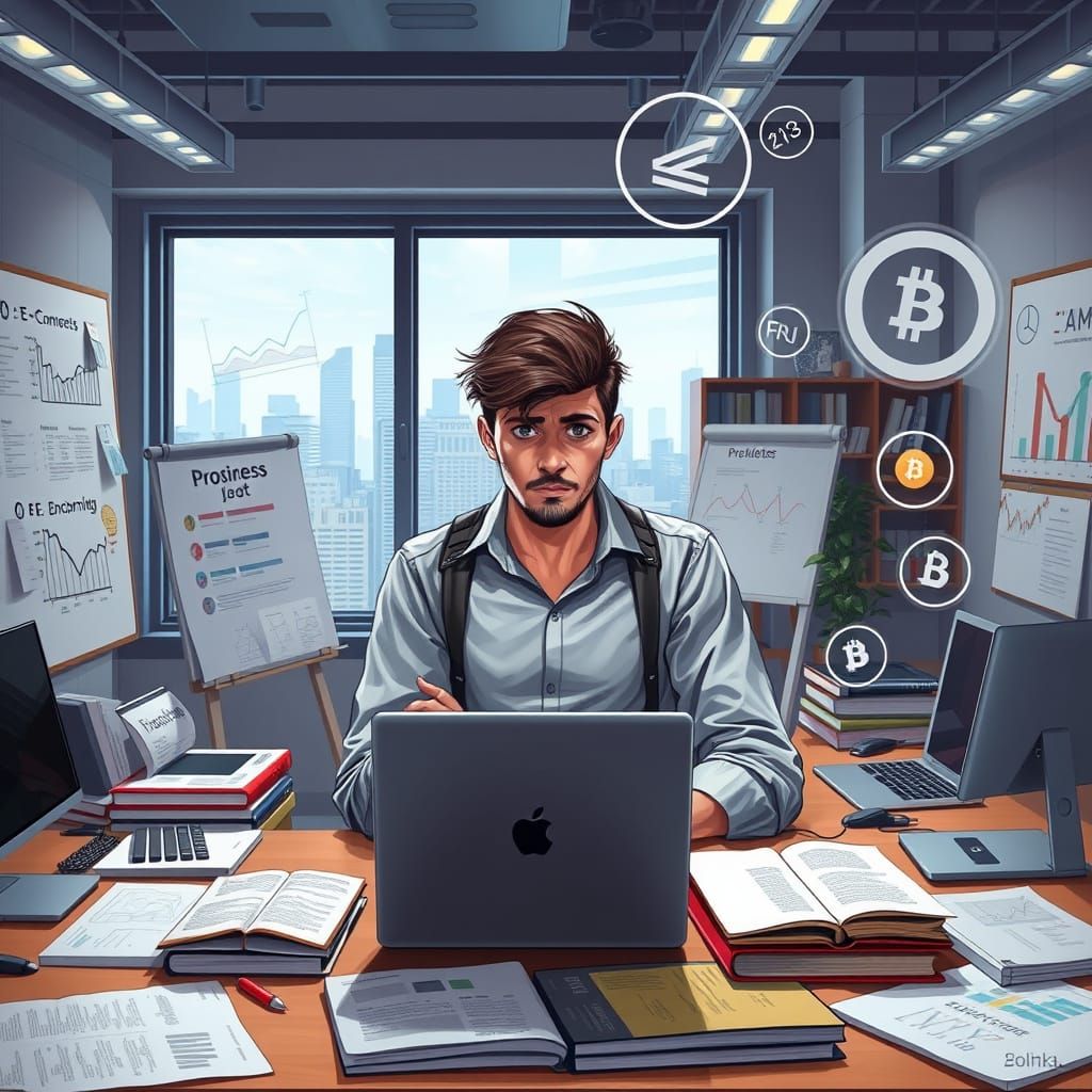 Young Entrepreneur in Modern Workspace with Holographic Icon...