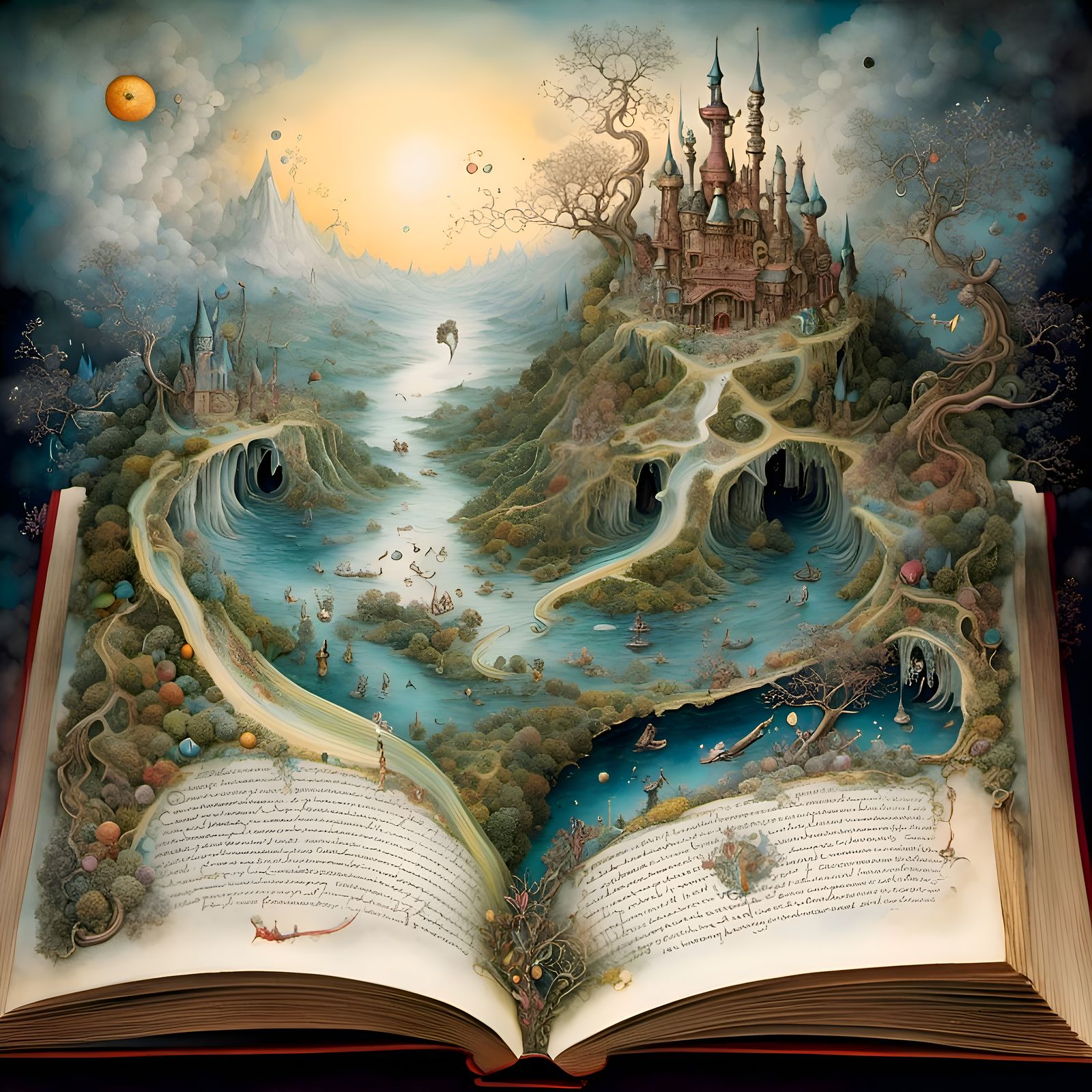 Magical Landscape Emerging from Book in Surrealist Style