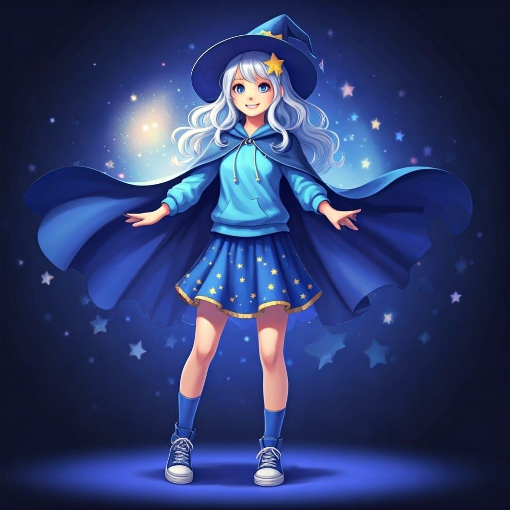 Confident Young Witch Performs Magic Show with Whimsical Fla...