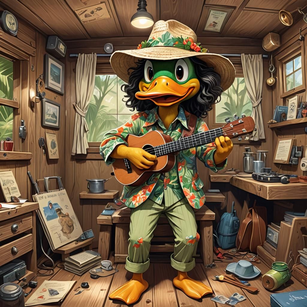 Cartoon Duck Plays Ukulele in Summer Camp