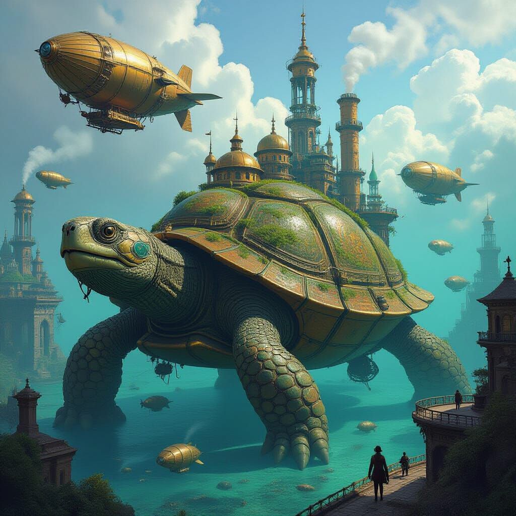 Steampunk City on Giant Turtles with Zeppelins
