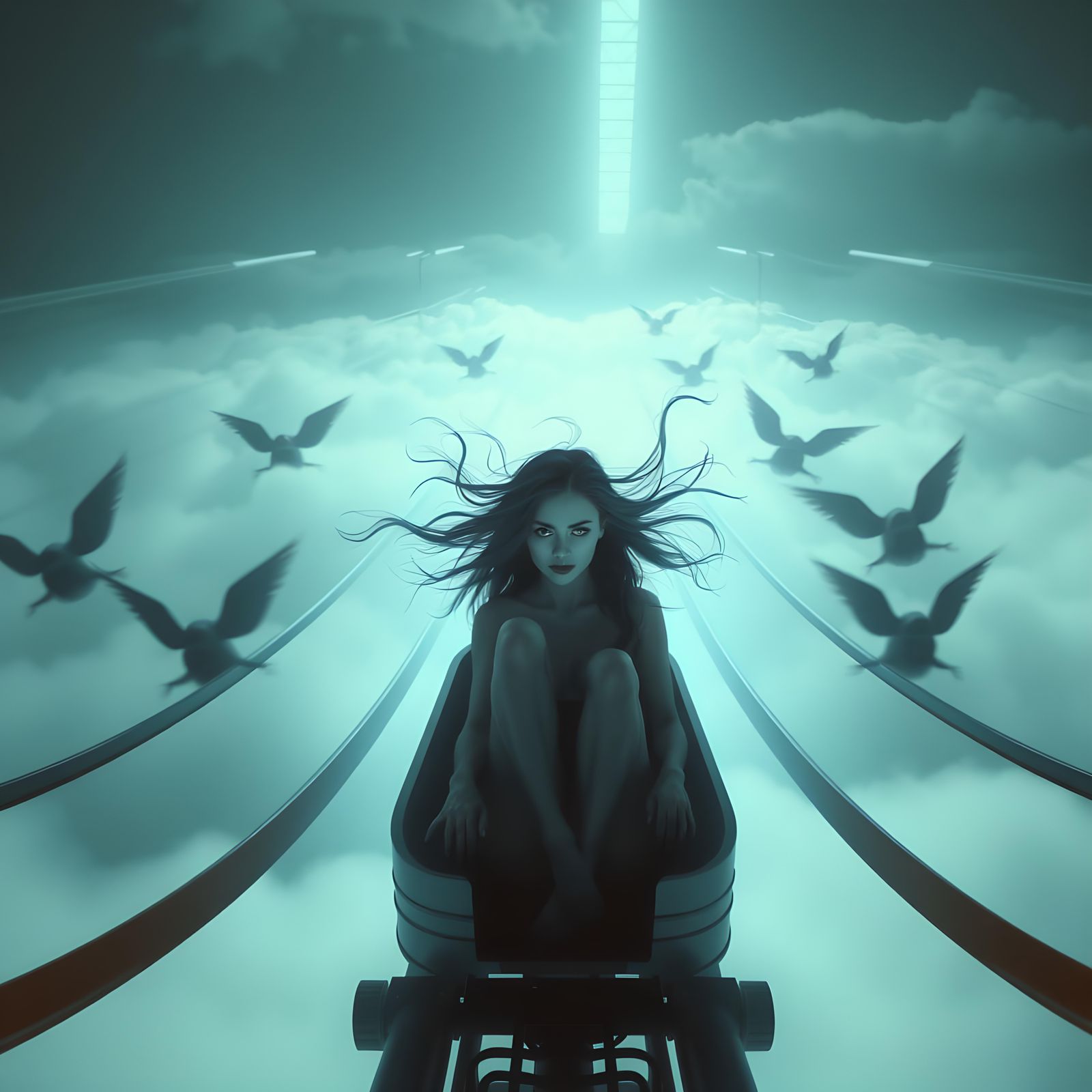 Surreal Rollercoaster Adventure Through Ethereal Clouds