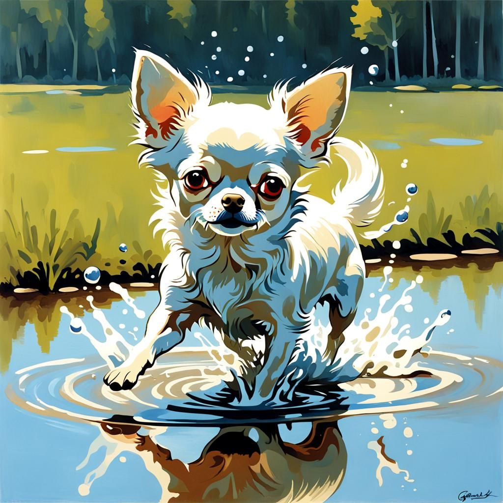 Chihuahua Splashing: A Pastoral Renaissance Painting