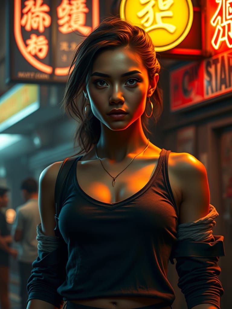 Enigmatic Urban Warrior in Neon Lit Grit