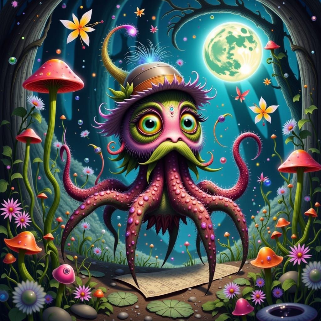 Surreal Fantasy Cephalopod Embarks on Whimsical Forest Quest