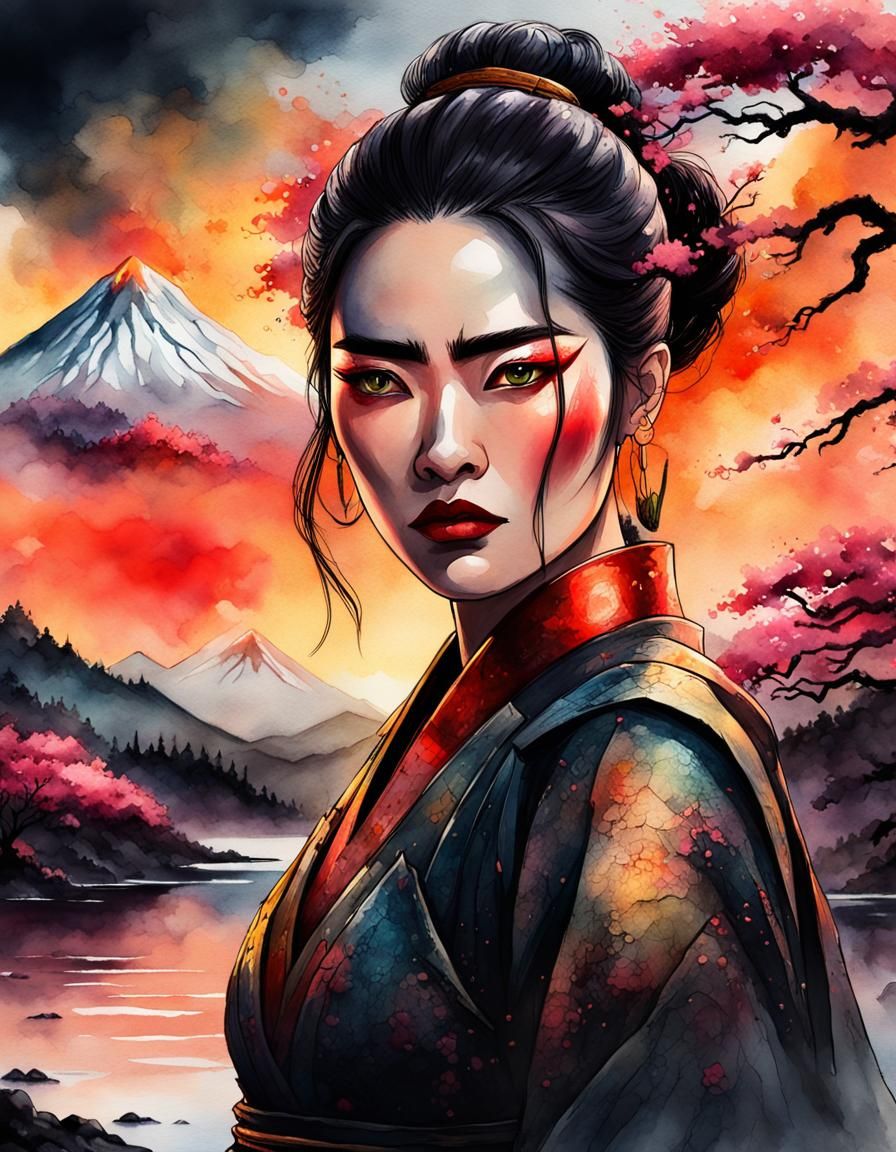 Samurai Woman in Watercolor Splash Art Style
