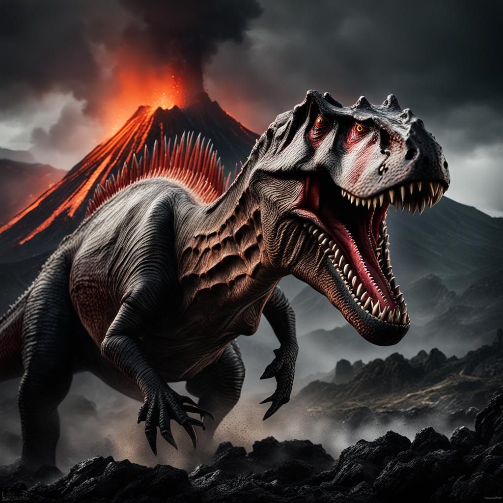 a black, dark red, gray fantasy more roaring spinosaurus with gonds on the back. in the backround are palms and a volcan...