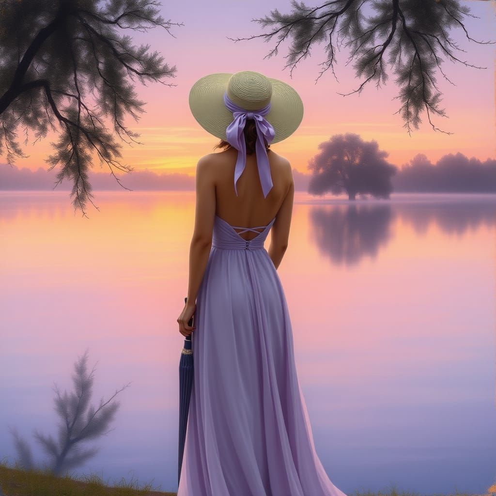 Woman in Lilac Gown at Twilight Lake in Expressive Style