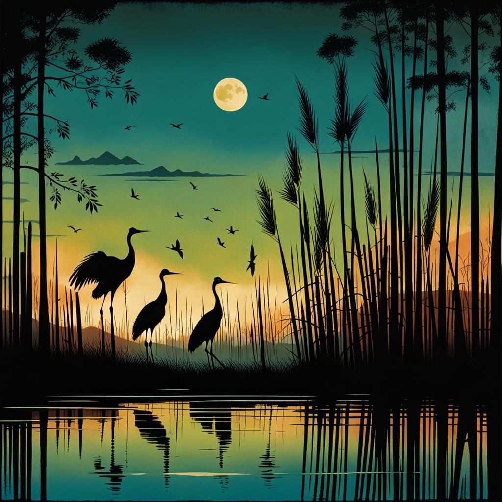 Cranes on Lake Shore in Graphic Novel Style