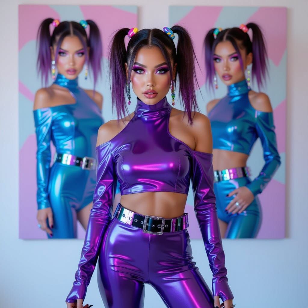 Holographic Latex Fashion Icon in Neon Boots