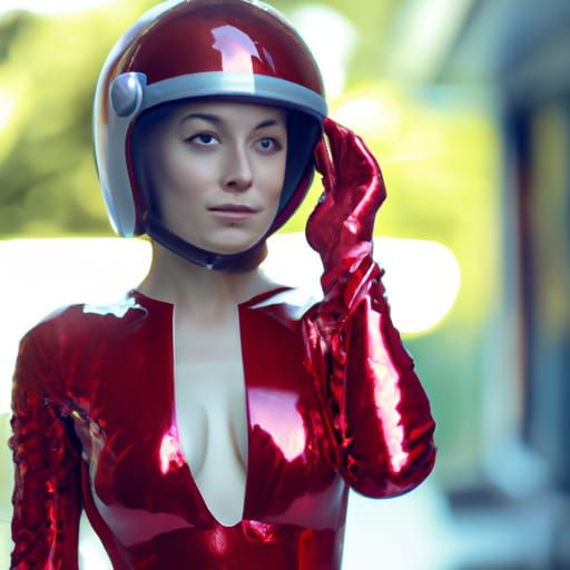 Woman in Red Suit and Chrome Helmet