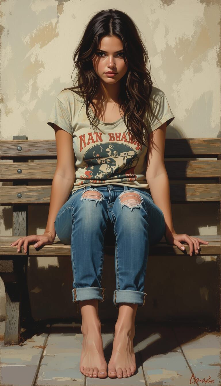 Woman on Bench Displays Dirty Soles, Earthy Art