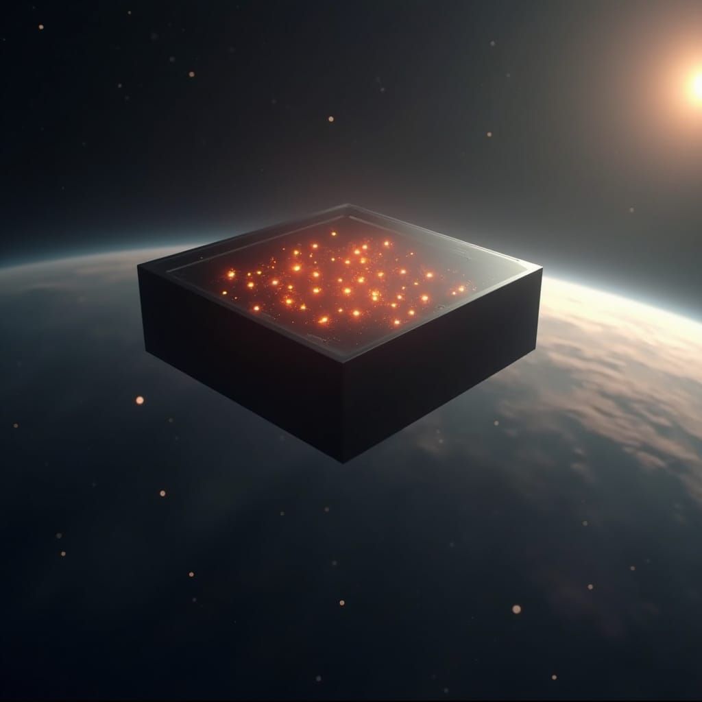 Opaque Black Box Orbiting Digital Globe in Space