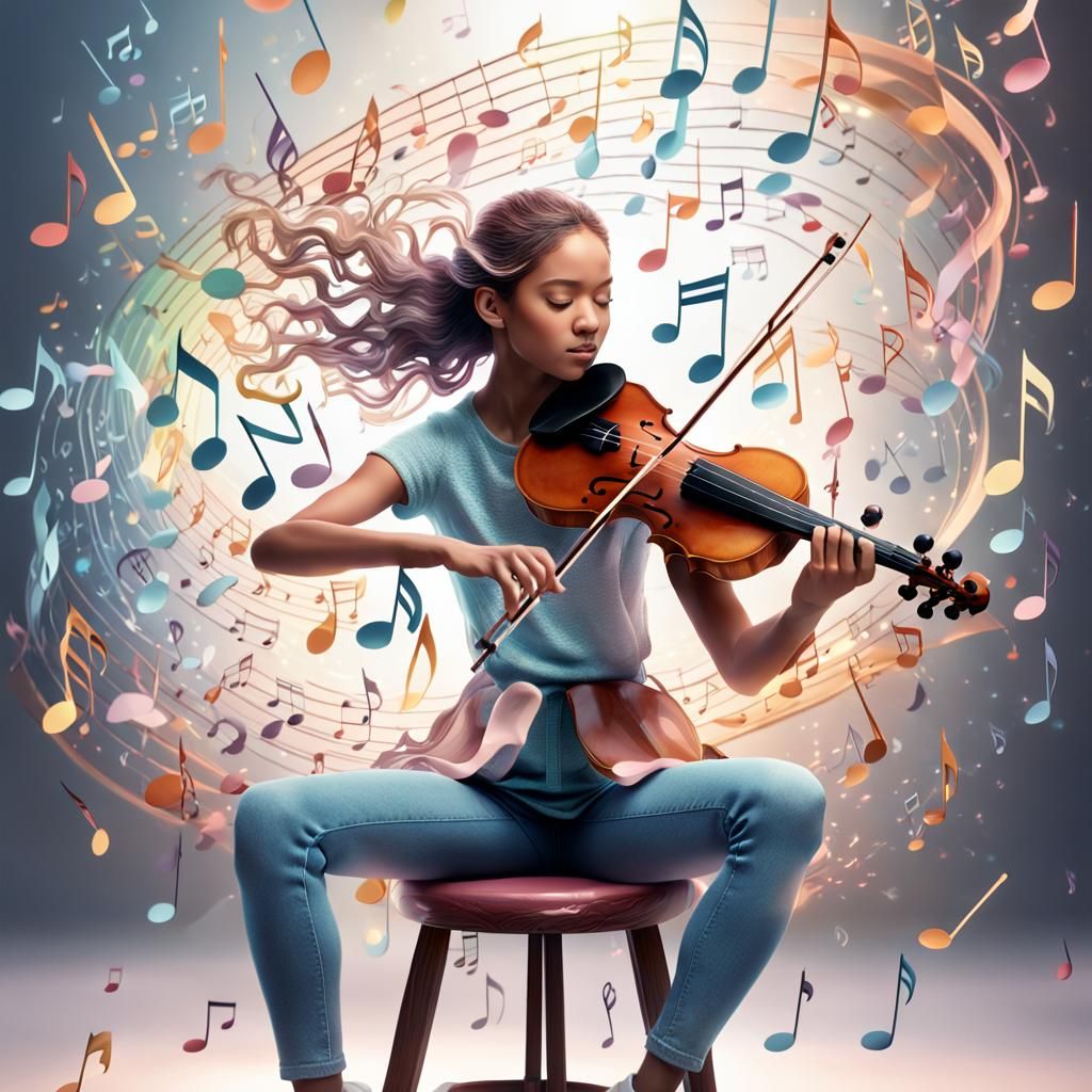 Young Violinist Surrounded by Musical Notes in 3D