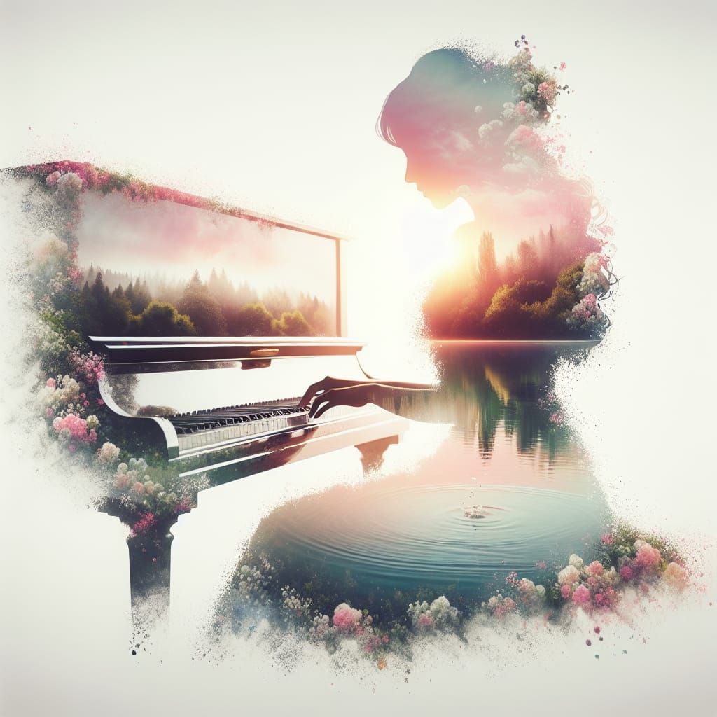 Double Exposure: Woman at Piano in Pastel Lake