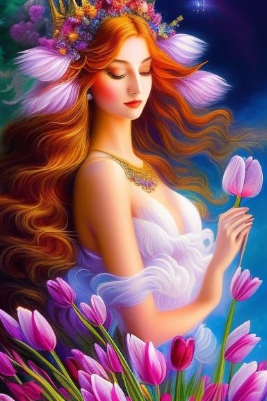 Whimsical Tulip Fairy with Rainbow Hair in Ghibli Style