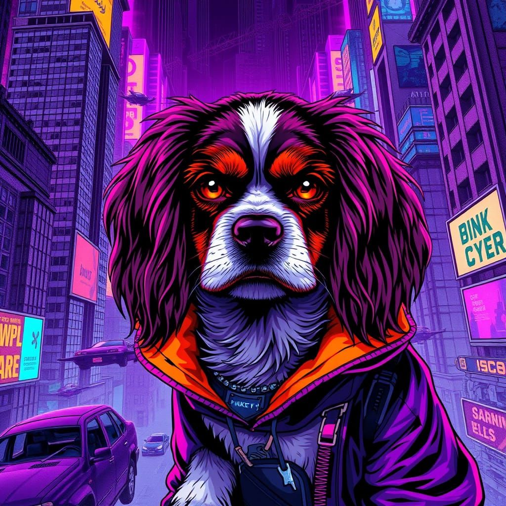 Cyberpunk Canine Hacker in a Gritty Future Cityscape