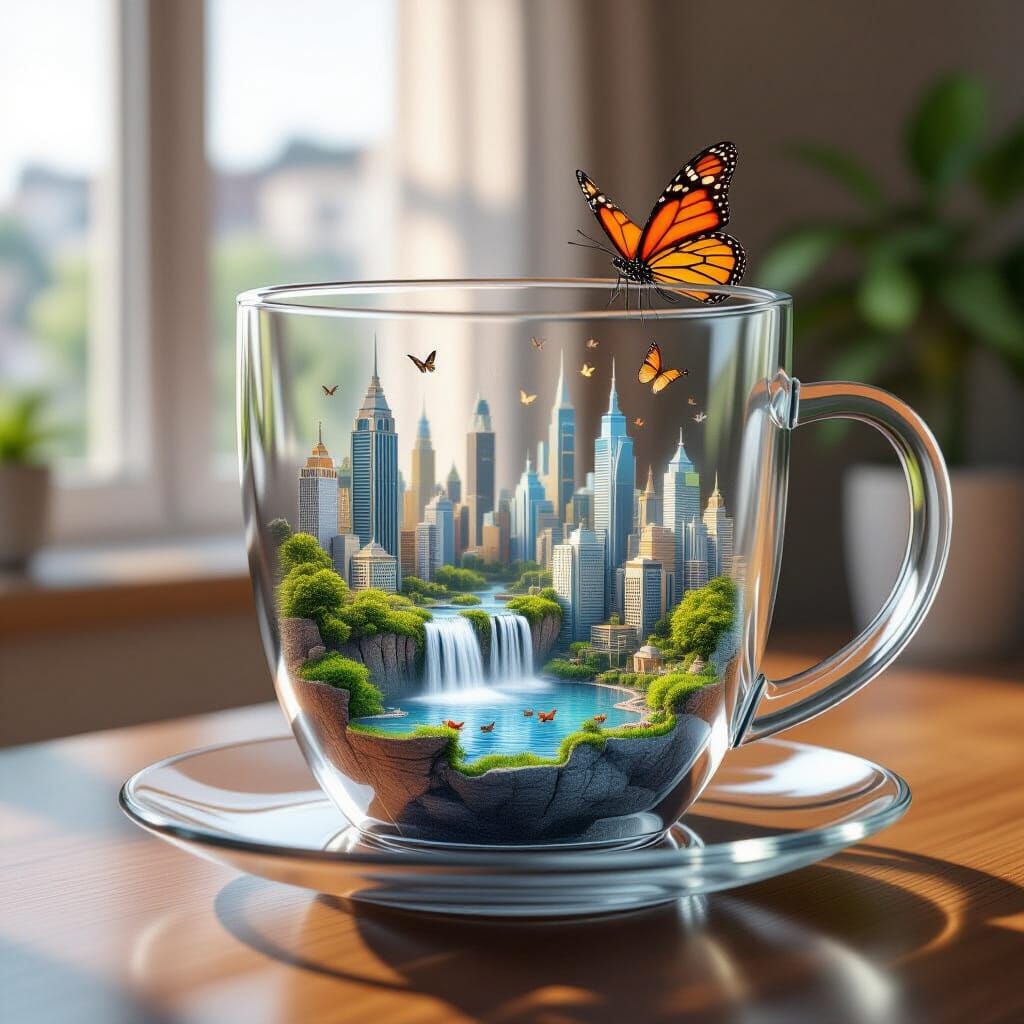 Miniature City Inside Glass Cup in 3D Style