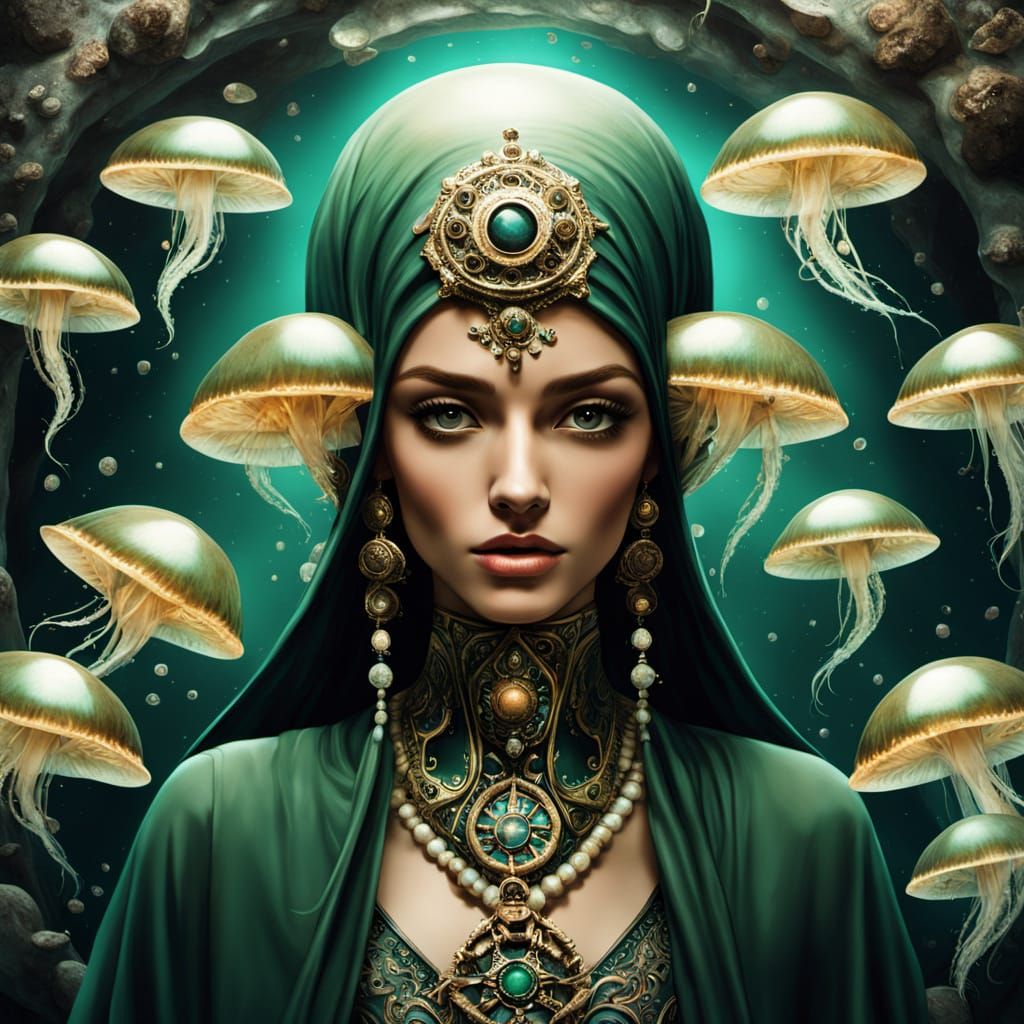 Bioluminescent Jellyfish in Biomechanical Deep Sea Scene