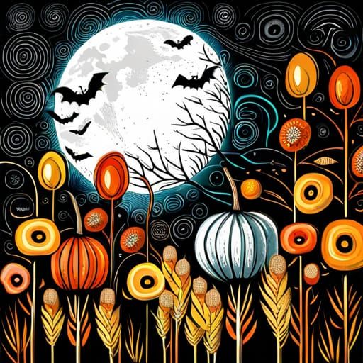 Halloween Flowers and Pumpkins in Mixed Media