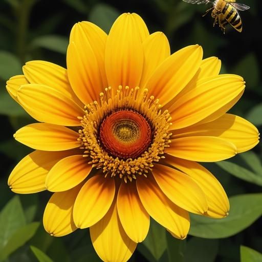 Golden Flower with Bee in Photorealistic Style