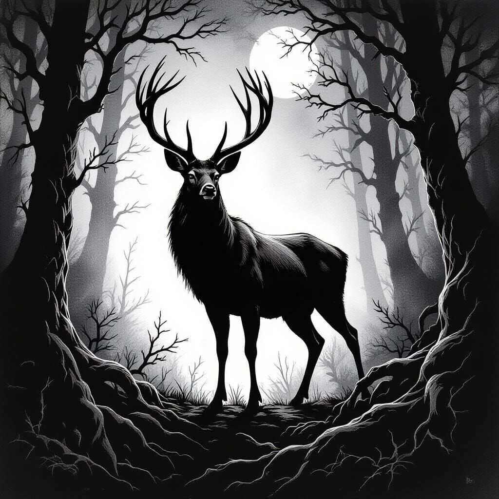 Fearsome Bipedal Deer in Dark Forest Etching Style