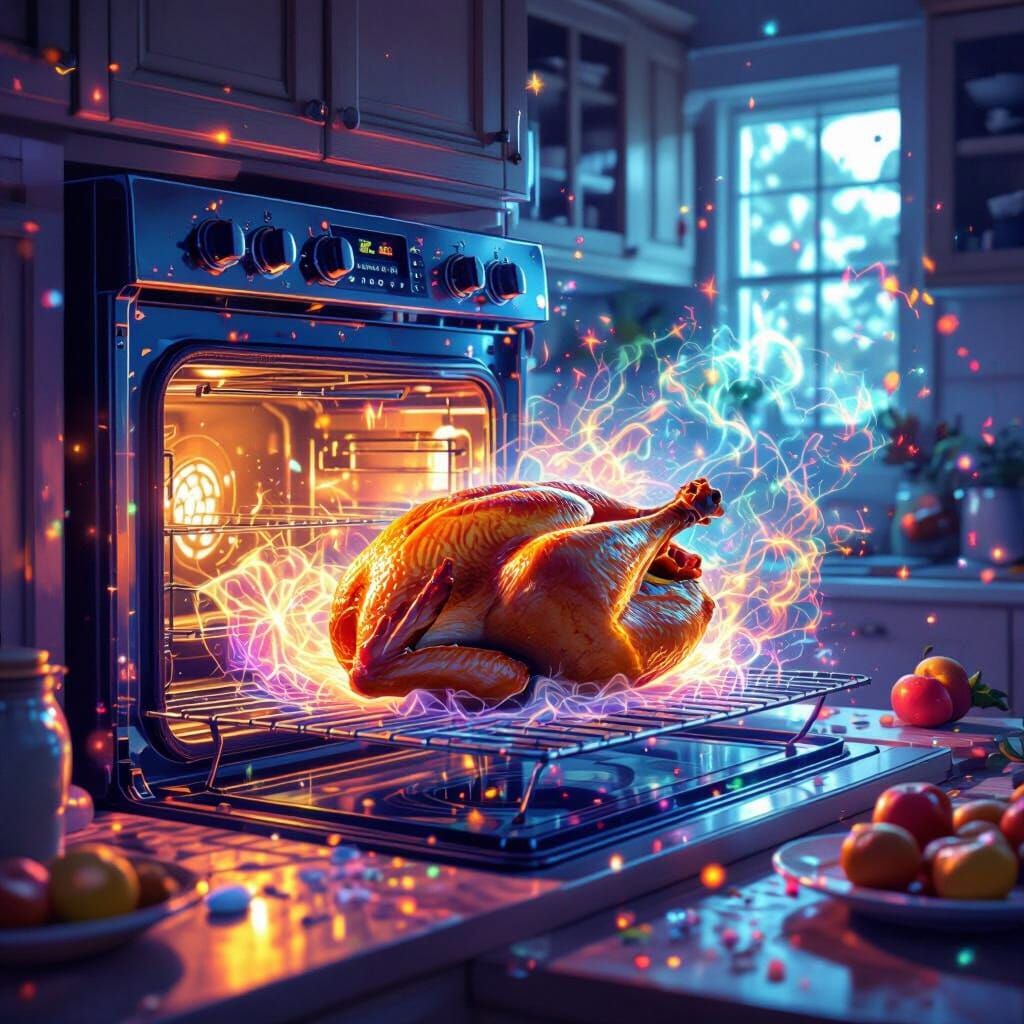 Roast Chicken Escapes in Cosmic Surrealism Style